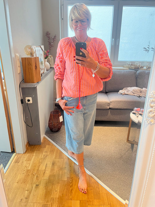 Bluse Leinen Streifen mit Stickerei